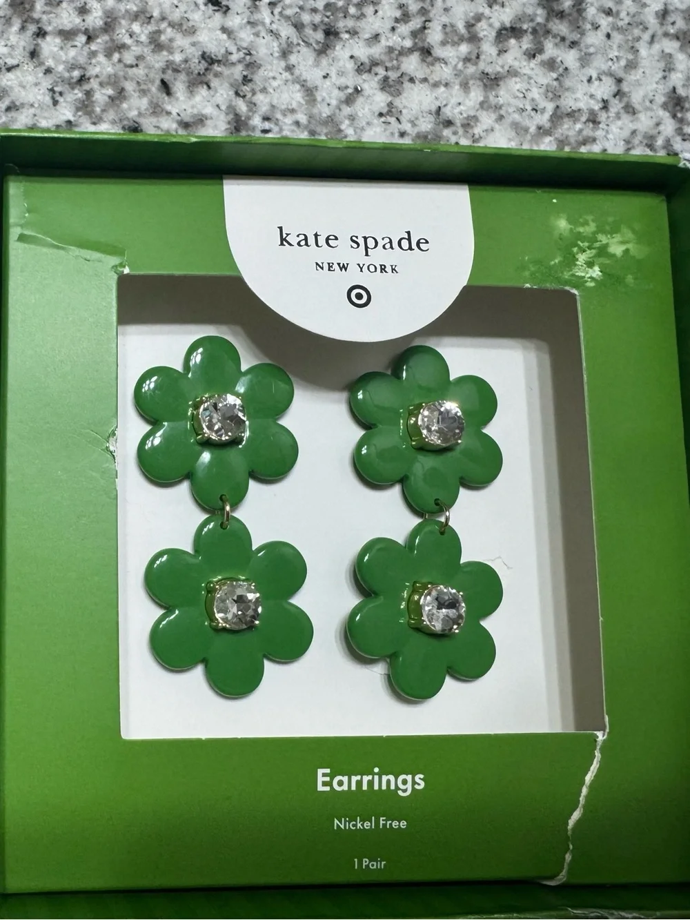 kate spade green enamel floral drop earrings with crystal centers